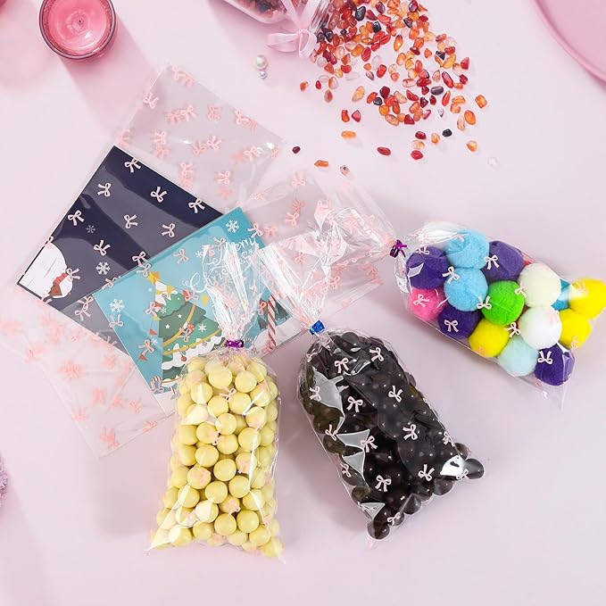 SOMIOCO Clear Cello Cellophane Treat Party Favor Bags Pink Candy Cookie Plastic gift Goodie Bags with Twist Tie for Birthday,Baby shower,Wedding,Party(Bow Pattern) 100 PCS 4X9 In