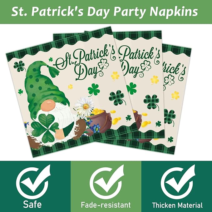 Wiooffen 96 Pcs St. Patrick’s Day Plates and Napkins Green Shamrock Gnome Lucky Tableware Set Irish Festival Party Supplies Table Decorations for 24 Guests