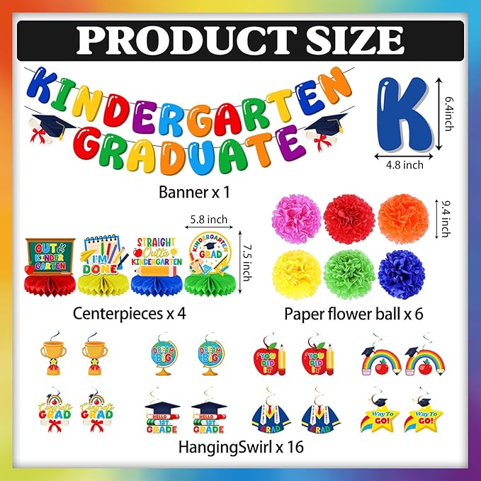 Preschool Graduation Decorations Set, Congrats Grad Decor Kit - 27 PCS with Banner, Pom Poms, Hanging Swirls & Centerpieces, Class of 2026 Party Supplies