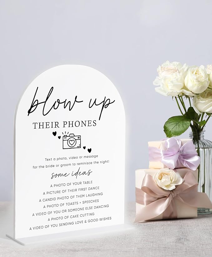 Blow Up Their Phones Sign, White Arch Acrylic Wedding Sign, I Spy Wedding Game, Bridal Shower Decor, Engagement Party Decor, Centerpiece Table Decorations Party for Bride and Groom-5