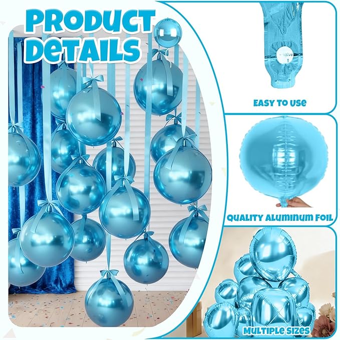 12Pcs Light Blue Round Balloons Foil, 22" 18" 15" 10" 4D Sphere Ball Balloon, Big Metallic Blue Balloons for Graduation Wedding Baby Shower Bridal Shower Birthday Party Decorations Supplies