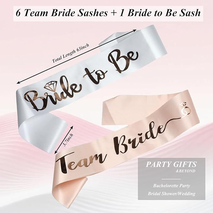 Luwigs Team Bride 7pcs Satin Sash Set - 6 Team Bride Sashes + 1 Bride to Be Sash Bridesmaids Sashes for Wedding Bridal Shower Party Decorations (Pink&White)