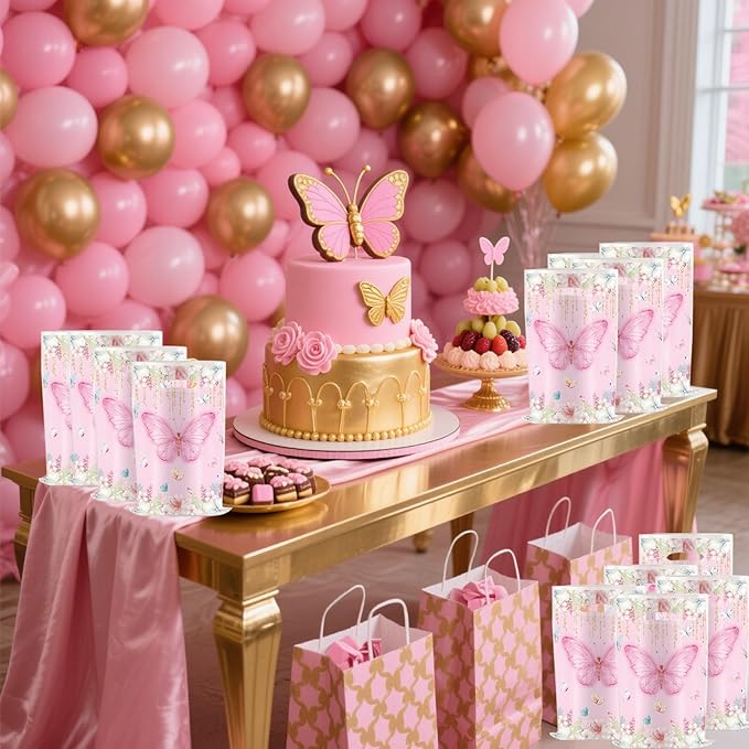 YYaaloa 30pcs Pink Goodie Bags Party Favor Plastic Candy Gift Bags Bulk for Birthday Baby shower Return Gift (Butterfly B 30pcs)