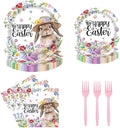 Spring Happy Easter Party Tableware Set 96 Pcs Disposable Plates Napkins Forks Cartoon Cute Rabbit Colored Egg Flower Kids Easter Party Decorations Serve 24 Guests
