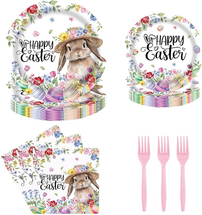Spring Happy Easter Party Tableware Set 96 Pcs Disposable Plates Napkins Forks Cartoon Cute Rabbit Colored Egg Flower Kids Easter Party Decorations Serve 24 Guests