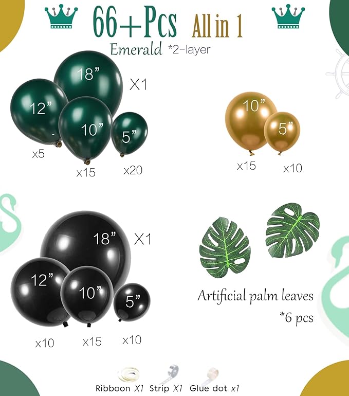 Emerald Green and gold black Balloon Garland Arch Kit Luxury Double Stuffed Dark Green Teal With Palm leaves for Summer luau hawaiian Aloha Jungle Birthday Decorations