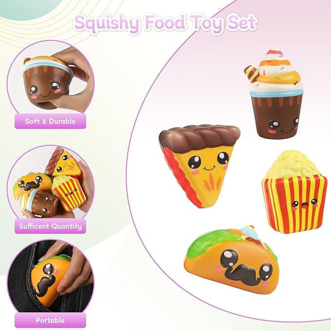 4 Pcs Slow Rising Food Toys for Kids, Kawaii Foam Squishy Toys in Taco Hamburger Coffee Cup Pizza Stress Relief Squeeze Toy for Holiday Carnival Goodie Bag Stuffers