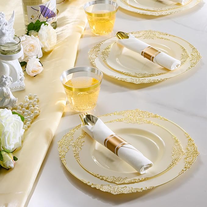 175PCS Ivory Plastic Plates for 25 Guests Disposable Dinnerware Sets Include 50 Plastic Plates, 25 Silverwares, 25 Cups, and 25 Pre Rolled Napkins for Party, Wedding and Graduation