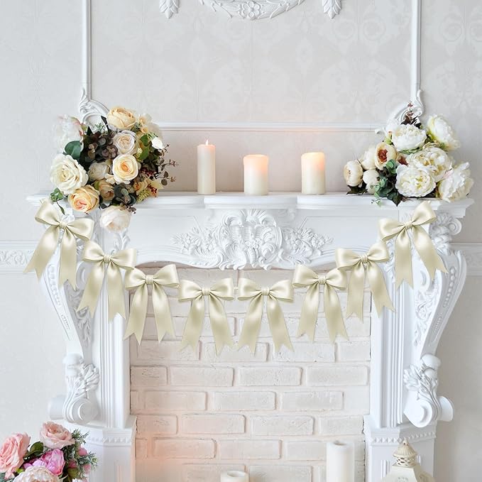2 Strings of 16PCS Ivory White Bow Garland Banner Decoration,Pre-Strung Satin Ribbon Ornaments for Birthday,Bachelorette Party,Bridal Shower,Wedding,Engagement,Baby Shower,Graduation Decor,Anniversary