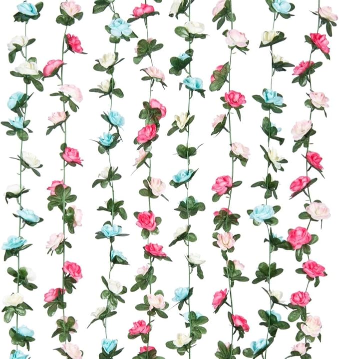 Miracliy 8Pcs 66FT Pink Flower Garland, Blue and White Artificial Rose Floral Vines Fake Hanging Spring Flower Garland for Wall Backdrop Wedding Arch Tea Party Door Mantle Decoration