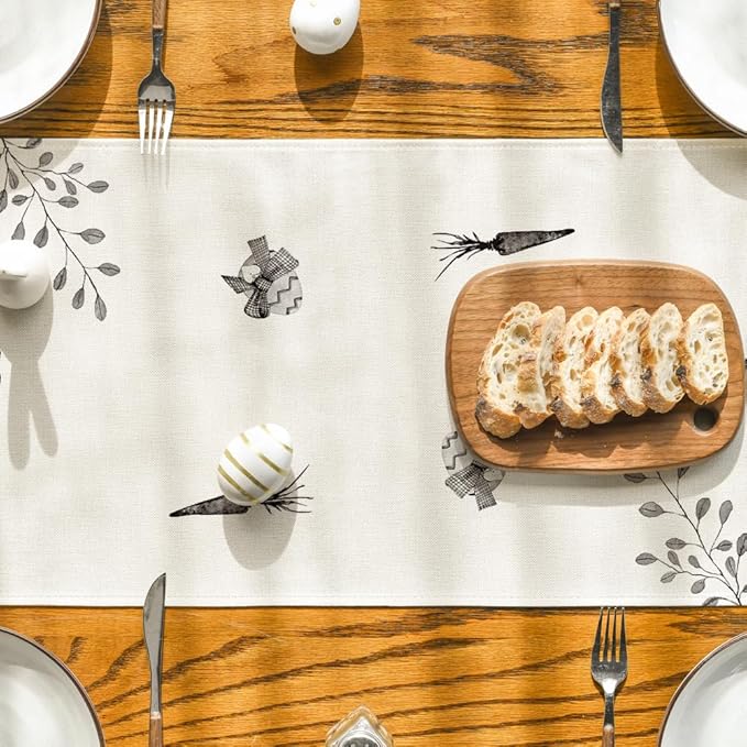 Artoid Mode Black Grey White Rabbit Bunny Happy Easter Table Runner, Spring Seasonal Holiday Kitchen Dining Table Decoration for Home Party Decor 13 x 72 Inch