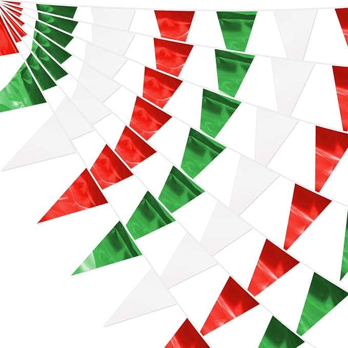32.8FT White Green Red Glitter Triangle Pennant Banner Flag Metallic Bunting Outdoor Garland for Christmas Italy Mexican Birthday Baby Shower Wedding Banners,New Years Winter Decor Ouruola