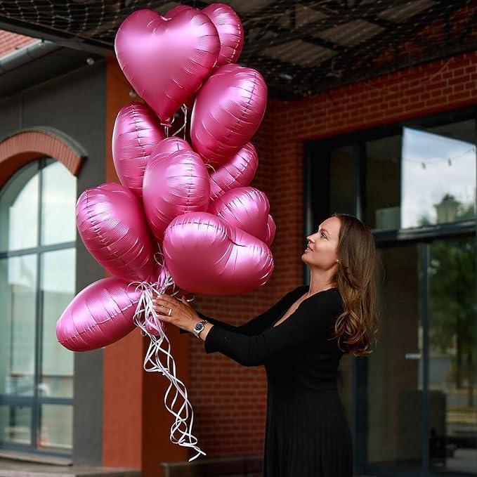Biapian Pink Foil Heart Balloons, 10PCS Pink Heart Shape Balloons Valentines Balloons, 18inch Pink Foil Balloon for Helium Birthday Decorations for Girls Women for Valentines Day, Wedding, Baby Shower