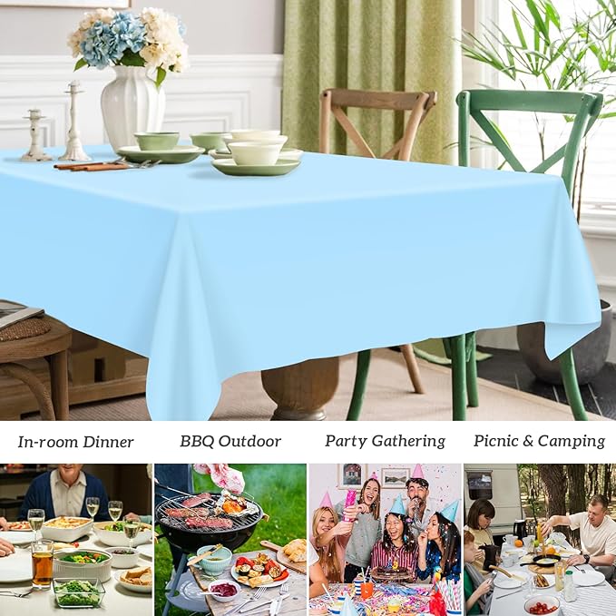 Mulbozy 2 Pcs Light Blue Plastic Tablecloth for Rectangle Table, 54 × 108 inches Disposable Blue Party Table Covers for Boy Birthday, Wedding, Baby Shower, Holdiay Party Decoration