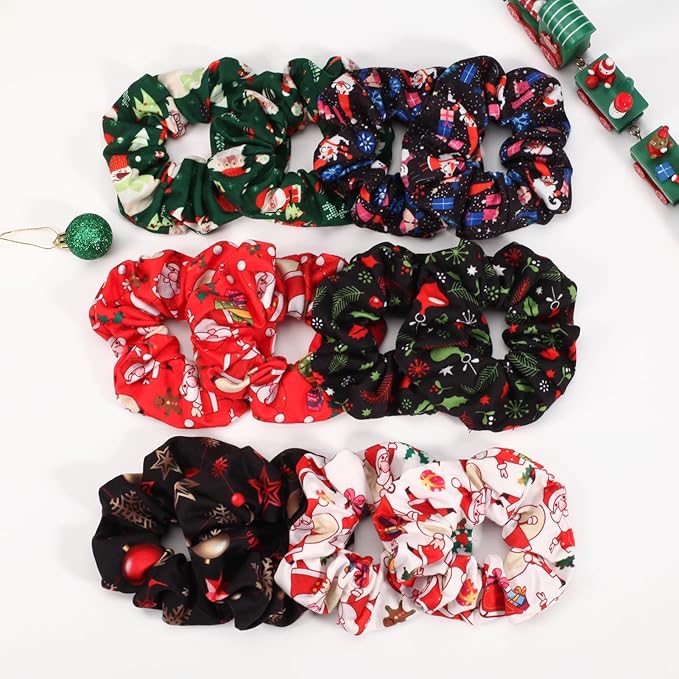 12PCS Christmas Hair Scrunchies for Women Girls Elastic Hair Ties Santa Claus Snowman Elk Bell Christmas Tree Snowflake Hair Accessories Christams Party Decor Gifts