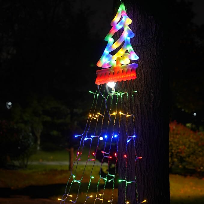 Outdoor Christmas Tree String Lights, 350 LED Christmas Waterfall Lights with 8 Modes, Waterproof, Featuring an 11in Lighted Christmas Tree for Yard Patio Xmas Wedding,Party,New Year (Multi-Color)