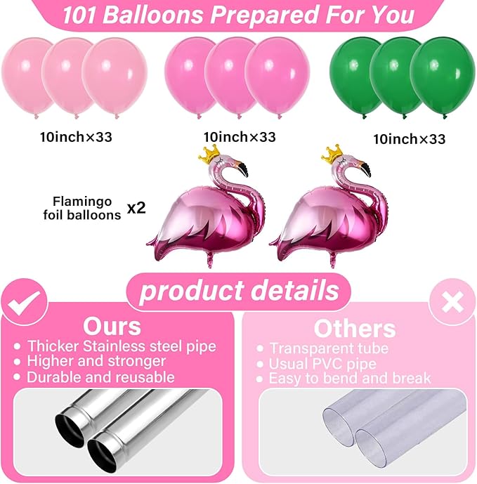2 Sets Tropical Flamingo Balloon Column Stand Kit with 102 Pink Green Flamingo Foil Balloons Animal 5.57ft Adjustable Balloon Tower Stand with Bases Adjustable Arch Column for Luau Party Decor