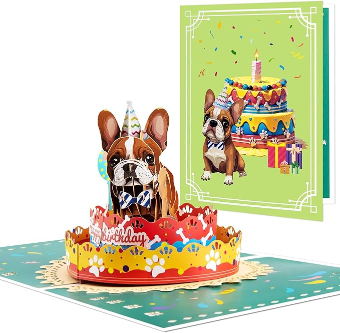 French Bulldog Pop Up Happy Birthday Greeting Card, ideal love Gift for Adult and Kid with Blank Note & Envelope, Foldable Celebration for Daughter, Son, Mom, Dad, Friend, Children