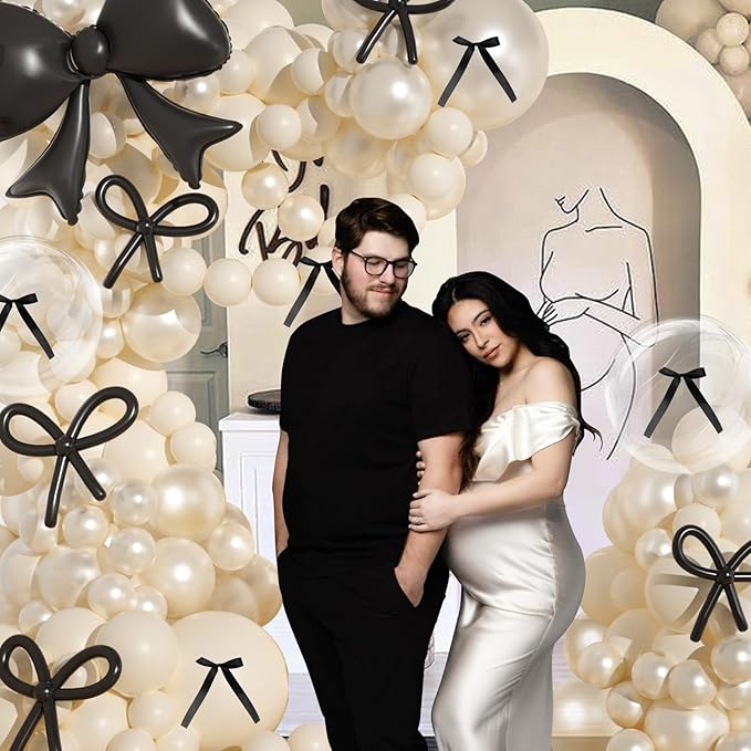 Pearl White Balloon Arch Kit, JOGAMS 174Pcs Bow Balloon Arch Kit with 260 Clear Bow Foil Balloons Ribbon Bow for Coquette Bow Theme Birthday Wedding Baby Shower Bachelorette Bridal Shower