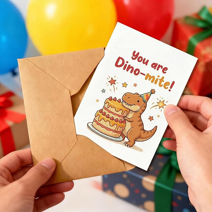 Cute Dinosaur Birthday Card for Kids Adults, Funny T-Rex Dino-Mite Pun Greeting Card, Awesome Bday Gift for Boy Girl Friend, Unique