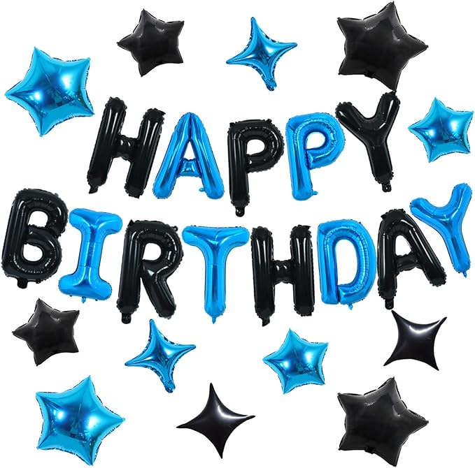 TONIFUL 35PCS Black Blue Happy Birthday Decorations Kit 16 Inch Happy Birthday Balloon Banner with Star Balloons Mylar Foil Birthday Party Decorations Supplies for Men Women Adults Girls Boys Kids