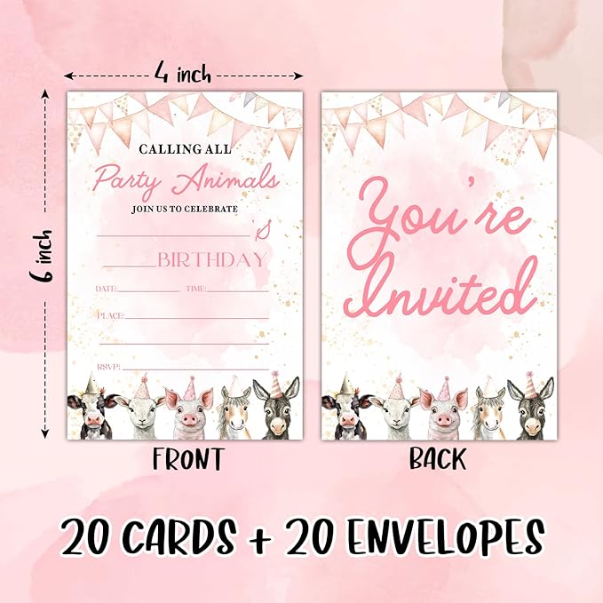 Farm Animals Birthday Party Invitation Cards for Girls Boys, Calling All Party Animals Birthday Celebration Party Invite Cards Supplies, 20 Double-Sided Fill In Invites With Envelopes -05