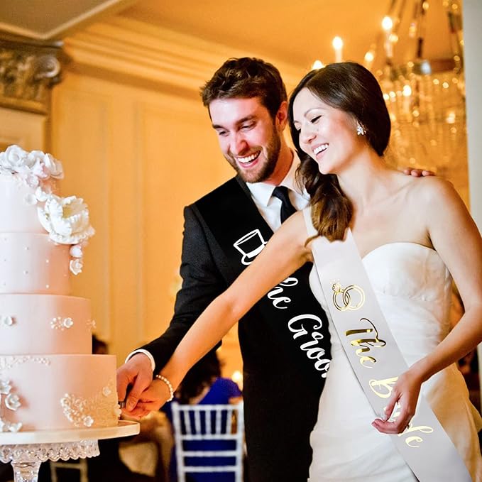 Bride and Groom Sash Just Married Sash The Bride Sash The Groom Sash Bachelorette Party Favors Just Engaged Sash Bridal Sash Engagement Gifts Black White
