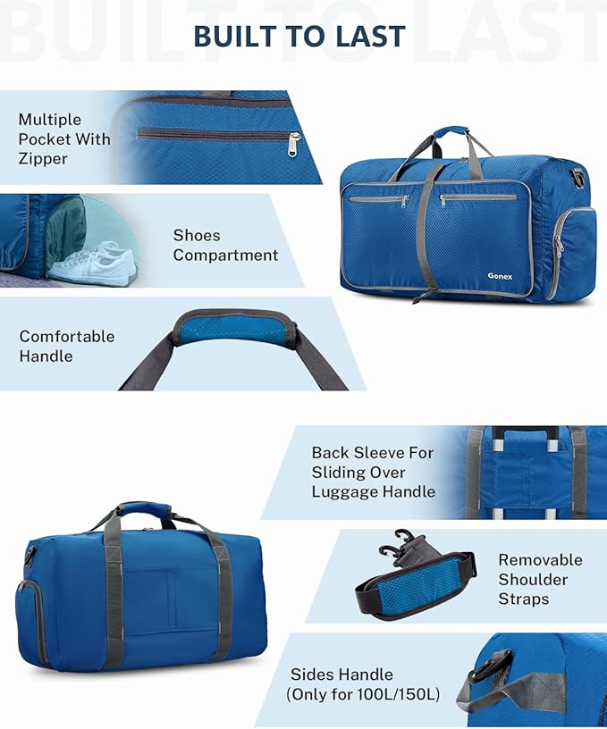 Gonex 40L 60L 80L 100L 150L Large Foldable Travel Duffle Bag with Shoes Compartment, Packable Lightweight Water Repellent Duffel Bag for Camping Gym Weekender Bag
