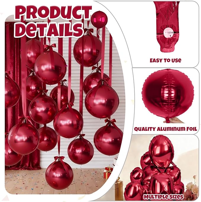 12Pcs Red Round Balloons Foil, 22" 18" 15" 10" 4D Sphere Shaped Balloon Different Size, Large Metallic Dark Red Balloons for Xmas Prom Graduation Baby Shower Birthday Party Decorations Backdrop