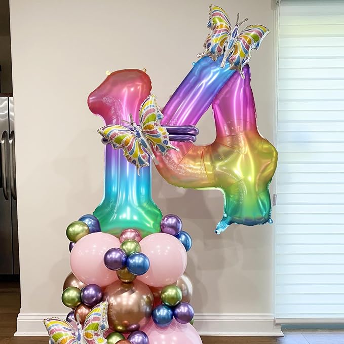40 Inch Rainbow Number Balloon 4, Large Number Foil Balloons Mylar for Girl Boy Birthday Party Celebration Decorations Supplies, Digital Balloons for Wedding Anniversary Events Decorations