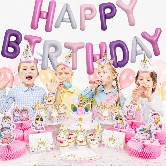 TONIFUL Happy Birthday Balloons Banner with Ribbon Straw, 16 Inch Mylar Foil Letters Birthday Sign Banner Balloon Bunting Reusable for Girls Boys Kids & Adults Birthday Supplies（Pink Purple）