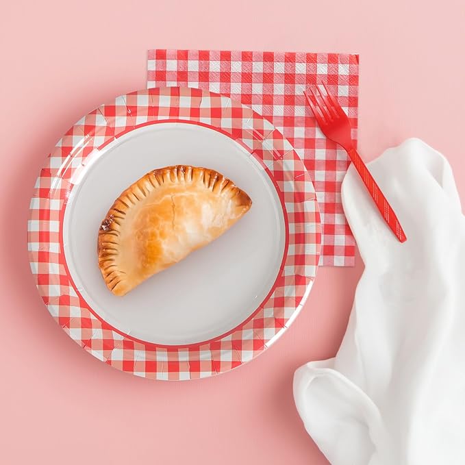 168PCS Party Plates, Scalloped Gingham Paper Plates and Cups and Napkins Sets Party Supplies for Birthday Wedding Bridal Shower Baby Shower Picnic, Serve for 24 Guests (Red Gingham)