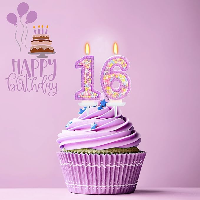 Purple Birthday Candles - Number 16 Candle, Colorful Macaron Candles, 16 Birthday Decorations for Girls, Purple Cake Decorations, Sweet Theme Party Supplies
