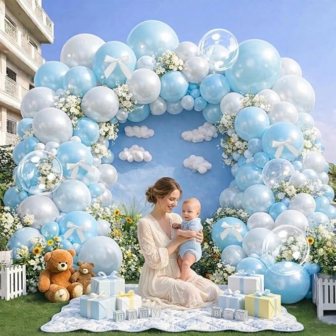 Blue White Balloon Garland Double Stuffed Light Baby Blue Balloons White Bow Bobo Pearl Balloon Arch Kit for Wedding Birthday Baby Shower Winter Princess Party Decorations