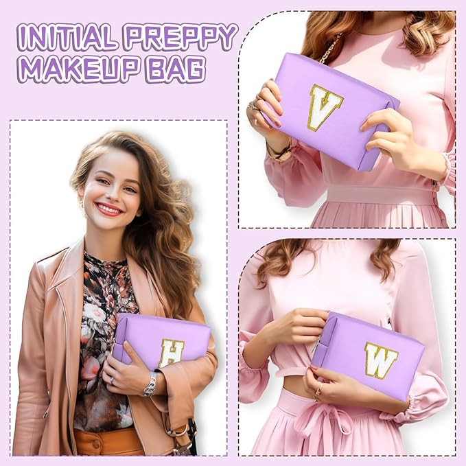 TOPEAST Preppy Bag, Monogrammed Makeup Bags with Zipper, Cute Makeup Pouch, Initial Birthday Gifts Bag for Daughter Friends Sister, Preppy Things for Girls (Purple H)