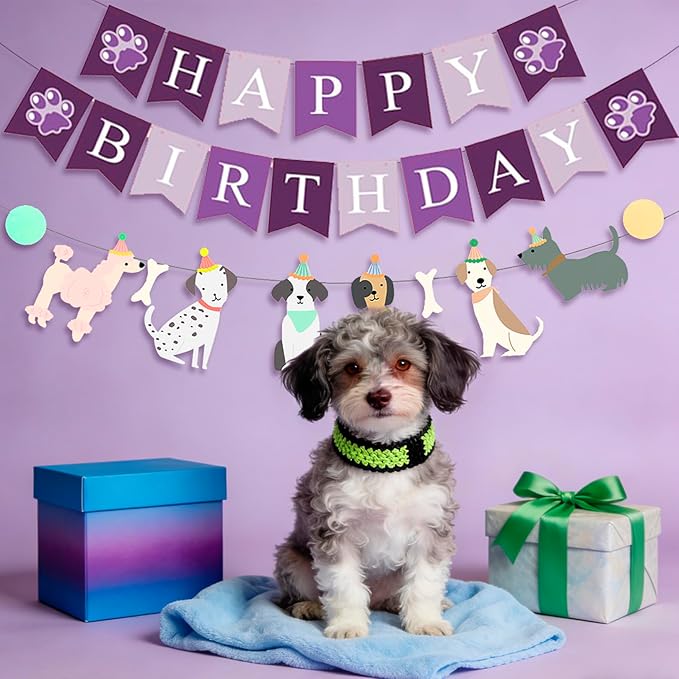Dog Themed Puppy Paw Happy Birthday Banner for Boys Girls DIY Party Supplies (Colours+Purple)