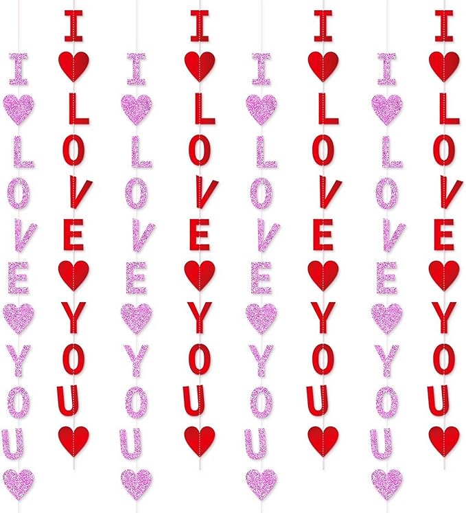 Glitter Red Pink Valentine Banner, 8 Strings Red I Love You Shiny Heart Banners Sign for Celebrate Valentine Party Wedding Ceremonies Holiday Party Decorations