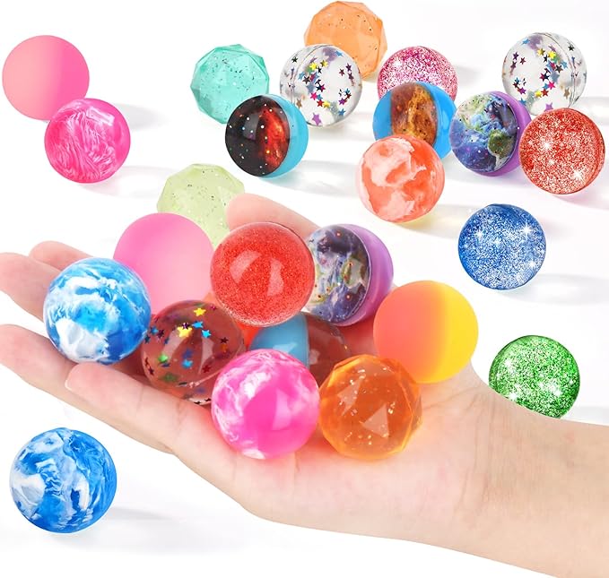 Hxezoc 24 Pcs Bouncy Balls for Kids, 32mm 6 Styles Rubber Bounce Balls Bulk for Party Favors, Goodie Bag Fillers, Easter Gift Bag Stuffers, Basket Stuffers, Classroom Prizes