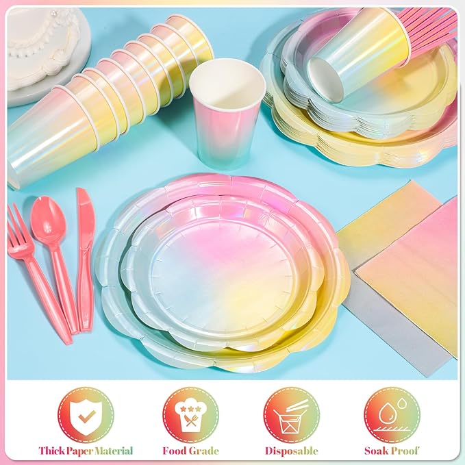 200 Pcs Iridescent Pastel Party Supplies Decorations, 25 Guest Scalloped Iridescent Pastel Plates and Napkins, Holographic Rainbow Plates Cups Napkins Straw Silverware for Girls Birthday