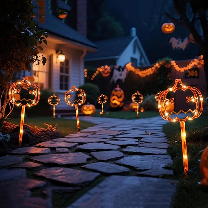 LOLStar Halloween Decorations, 5 Pack Halloween Pathway Lights, Jack-o-Lantern Orange Pumpkin Lights for Walkway, Sidewalk, Garden, Yard, Lawn, Porch, Patio Outdoor Decor with Timer & 8 Lighting Modes