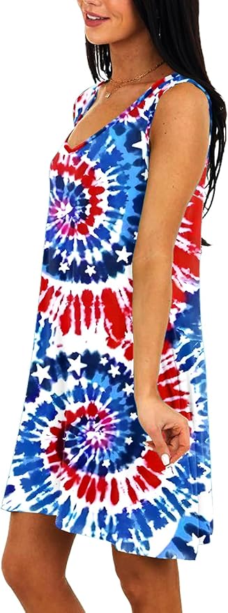 Deerose Women 4th of July Sleeeveless Dress Patriotic V Neck Tank Dresses with Pockets