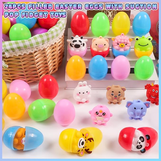 Prefilled Easter Eggs with Light Up 3D Animal Pop Toys, 24 Pack Easter Eggs Filled, Easter Basket Stuffers for Toddler Eggs Hunt, Glow in The Dark Easter Egg, Easter Gifts for Kids
