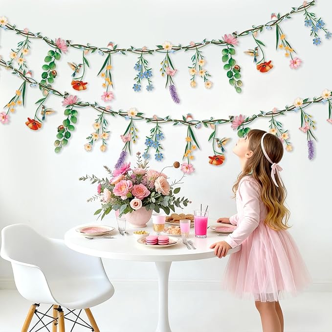 Flower Banner Garland, Baby Shower Decorations, Floral for Enchanted Garden Party, Wedding Wild One Bloom Baby Shower Birthday Fairy Tale Tea Market Spring Supplies Girl Woodland Party