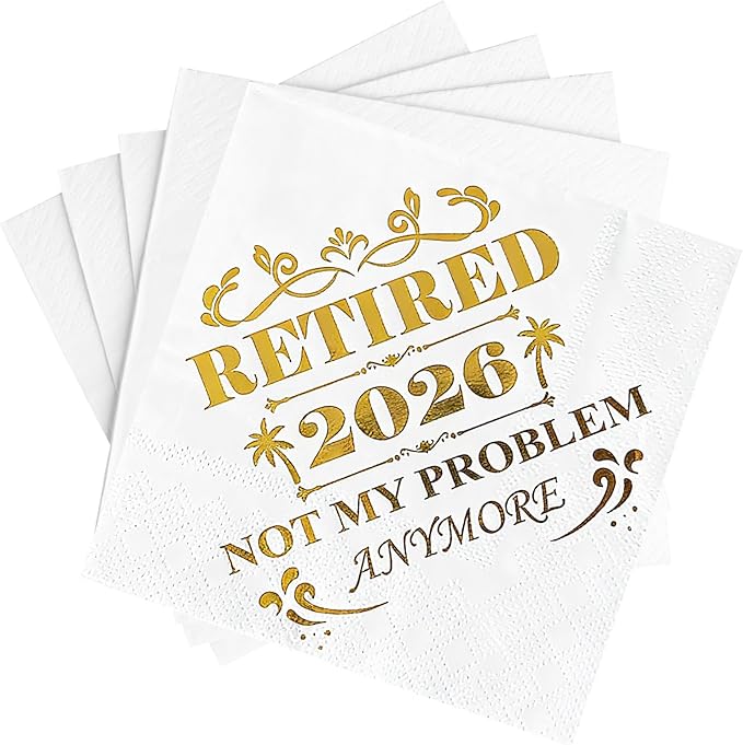 Retired 2026 Cocktail Napkins, 50 Pack 3-Ply Retirement Party Decorations Supplies, Gold Foil Disposable Napkins for Farewell,Coworker Goodbye & Going Away Celebration (5"x5")