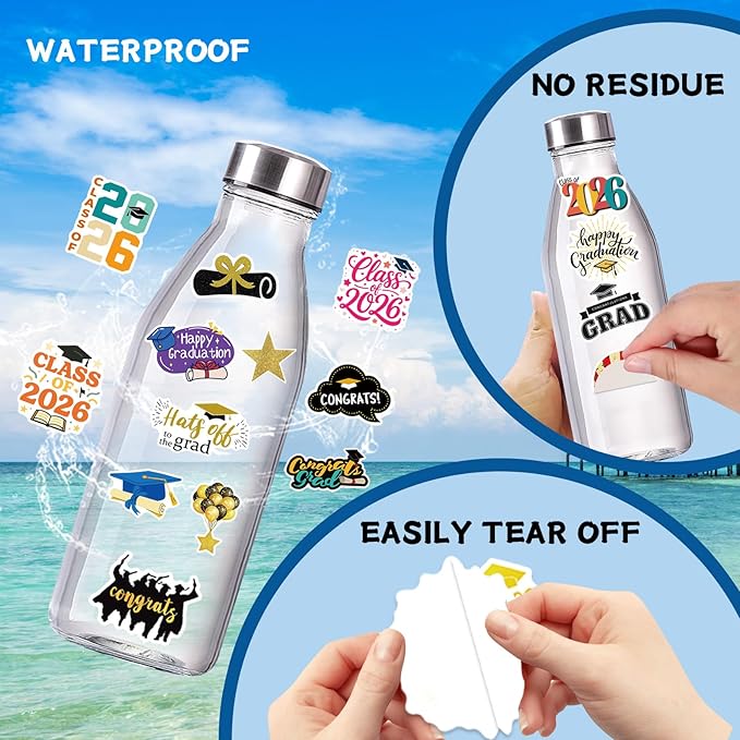 100 Pcs Graduation Stickers 2026, College Stickers, Class of 2026 Stickers for Graduation Decorations, Graduation Party Decorations 2026, Waterproof Vinyl Stickers for Water Bottle, Laptop, Skateboard