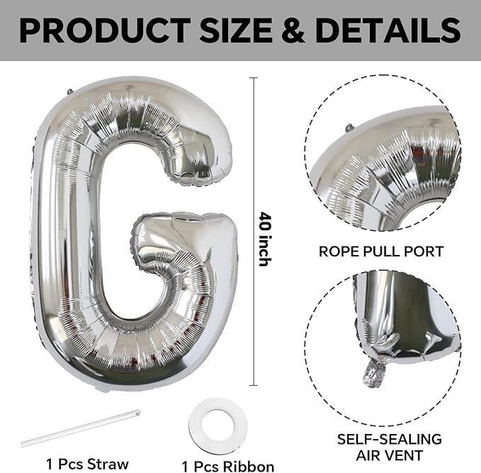 KALOR 40 Inch Silver Letter G Balloons Jumbo Foil Mylar Helium Big Balloons for Birthday Party Anniversary Baby Shower Supplies