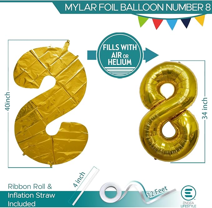 40 Inch Large Gold Number Celebration and Decoration Balloon for Birthday Parties, Graduations, Anniversaries, Weddings, Photo Shoots, Special Events - Helium Foil Mylar (Gold Number 8)