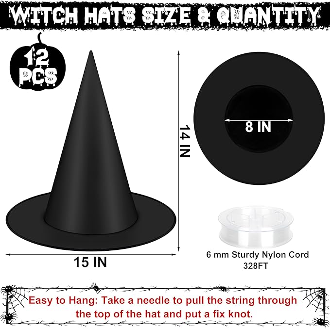 Halloween Hanging Witch Hats & Costume Accessories, 328 FT Nylon Cord Wizard Hats, Indoor Outdoor Decorations for Home, Yard, Porch, Ceiling, Black, 12 PCS