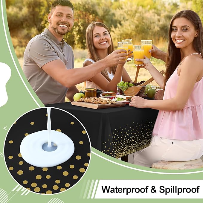misaya 6 Packs Dot Disposable Table Cloth, 54 x 108 Inch Waterproof Plastic Tablecloth, Rectangle Gold Dots in Black Table Covers for Easter, Picnic, Birthday, Party
