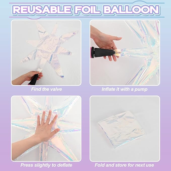 6PCS Iridescent Star Balloons, 22Inch Huge Iridescent Explosion Star Balloons Holographic Spike Cone Foil Balloon for Baby Shower Bridal Shower Wedding Birthday Party Decorations